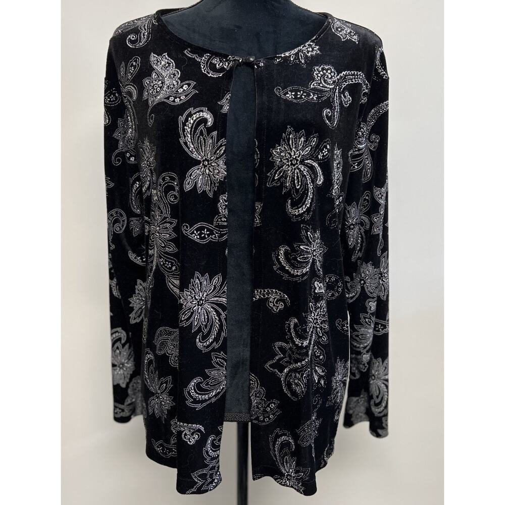 Vintage Black Velvet Cardigan Womens 2X Holiday Elegant Glam Sweater‎